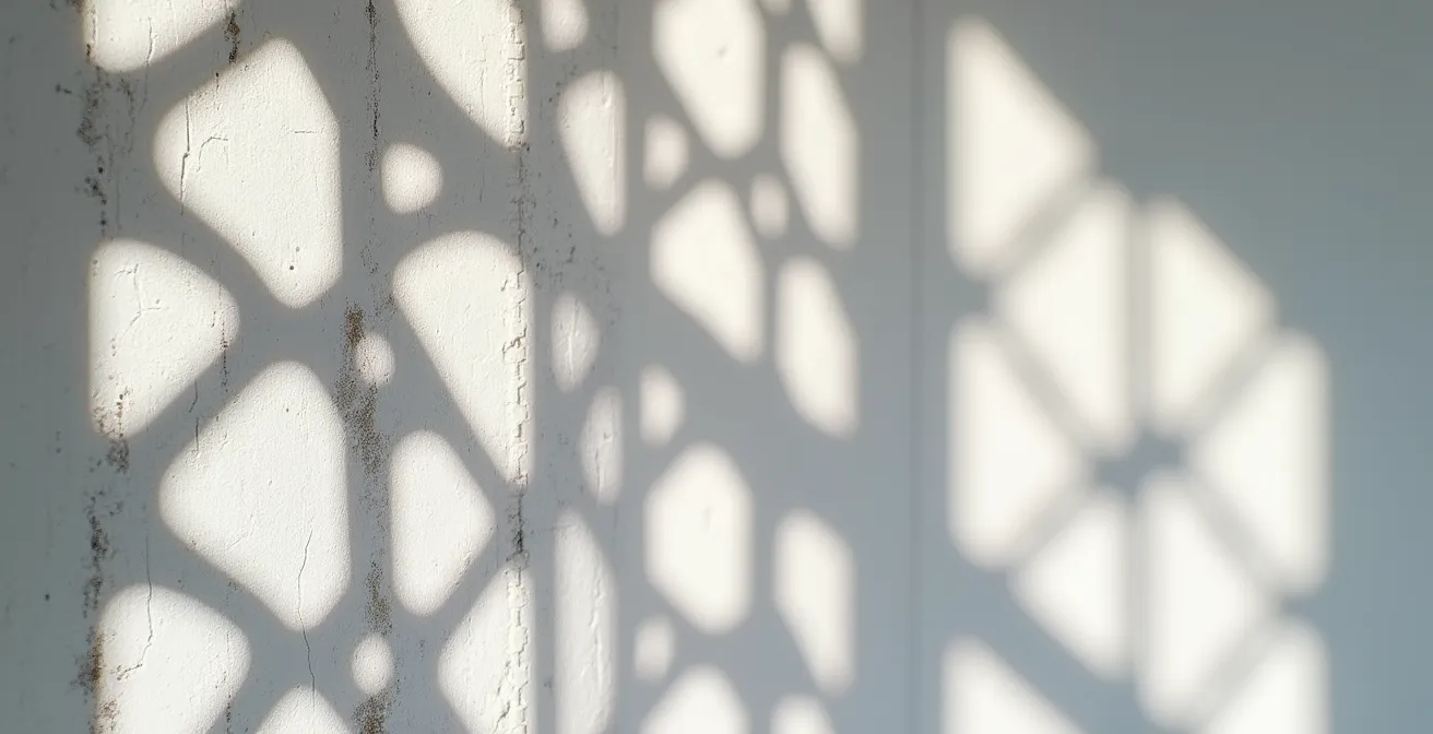 Claustra en acier créant des jeux d'ombres géométriques sur un mur blanc