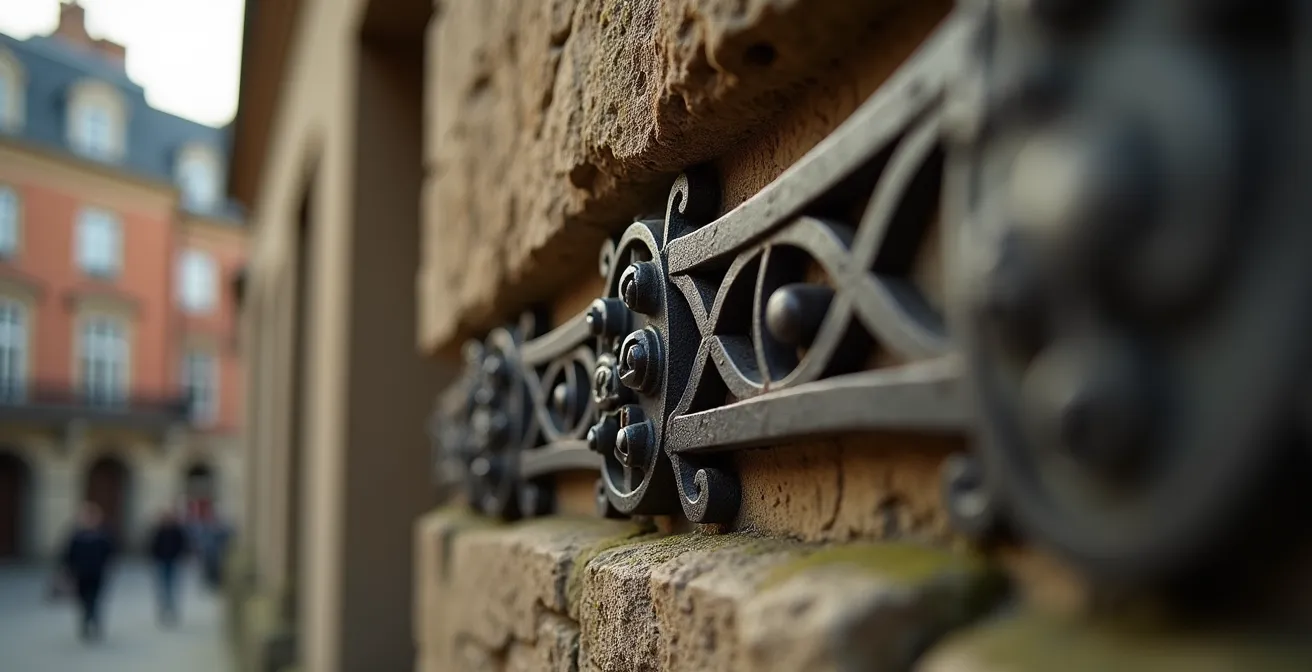 Détail architectural d'un bâtiment ancien avec ferronnerie traditionnelle