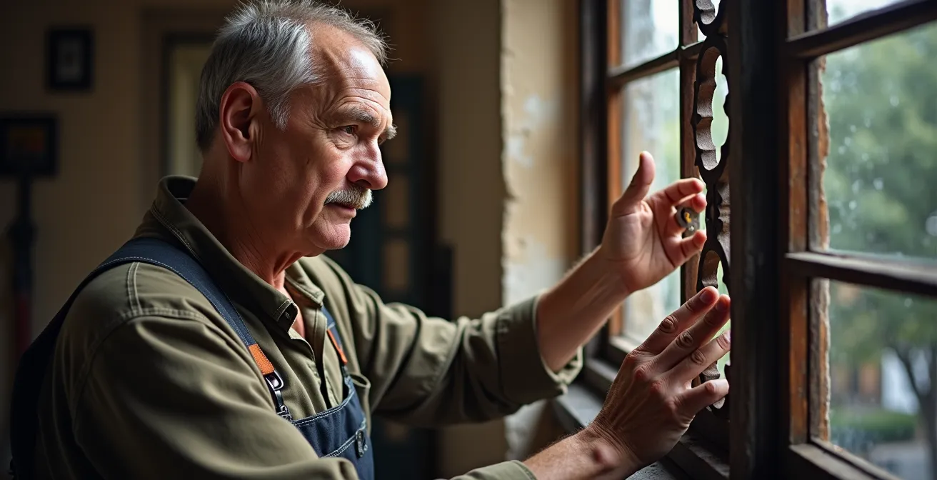 Métallier examinant une ferronnerie ancienne pour adaptation moderne