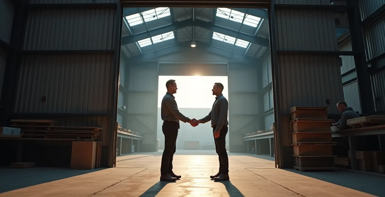 Poignée de main entre artisans sur chantier