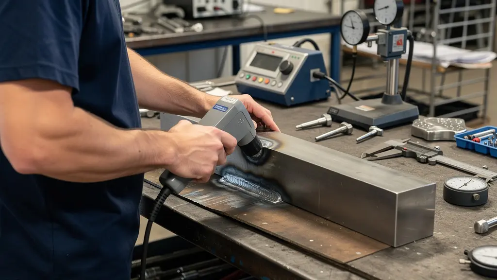 Technicien utilisant un appareil de contrôle non destructif sur pièce soudée