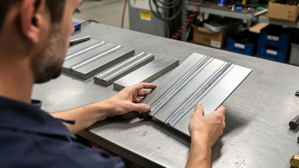 Technicien inspectant des échantillons de cordons de soudure pour comparaison qualité