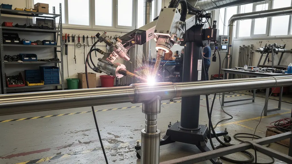 Machine de soudage orbital automatisé en fonctionnement sur jonction de tube inox
