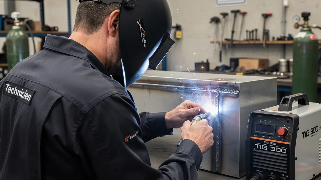 Technicien réalisant une soudure TIG sur pièce inox en atelier de chaudronnerie
