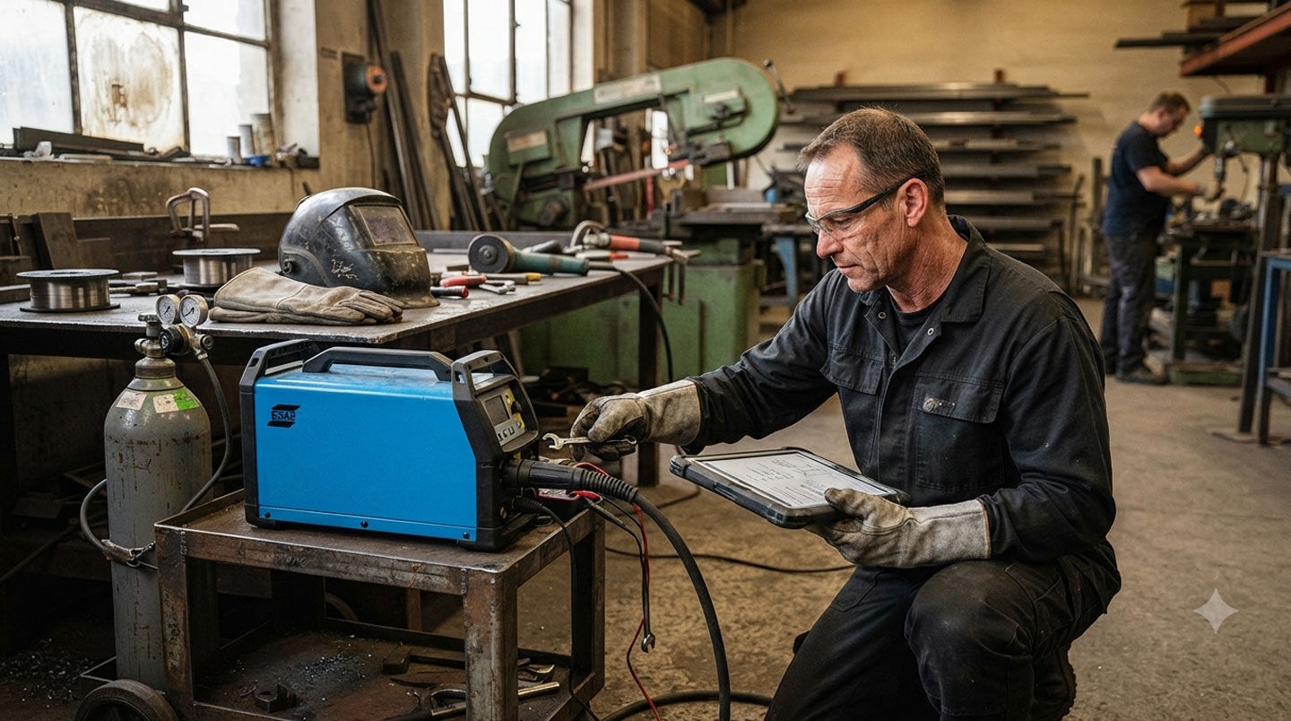 Étiquette de vérification périodique apposée sur le carter d'un poste de soudure professionnel, avec date et cachet d'organisme agréé, carnet de maintenance ouvert en arrière-plan flou sur établi d'atelier