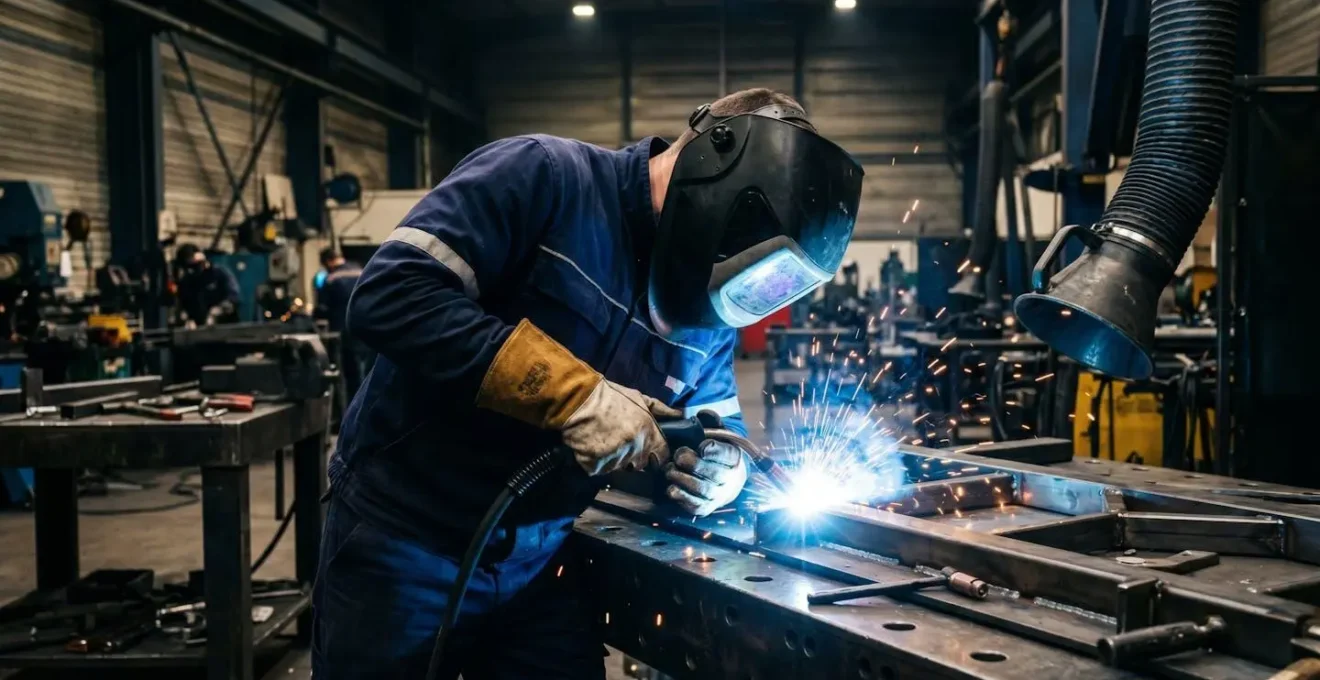 Soudeur professionnel en vêtements de protection ignifugés, cagoule de soudure abaissée et gants épais, en train de souder une pièce métallique avec torche MIG produisant un arc électrique intense, système d'aspiration des fumées visible en arrière-plan dans atelier industriel français