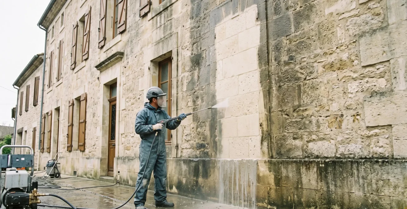 Un professionnel réalise un hydrogommage sur la façade en pierre d'un bâtiment traditionnel français.