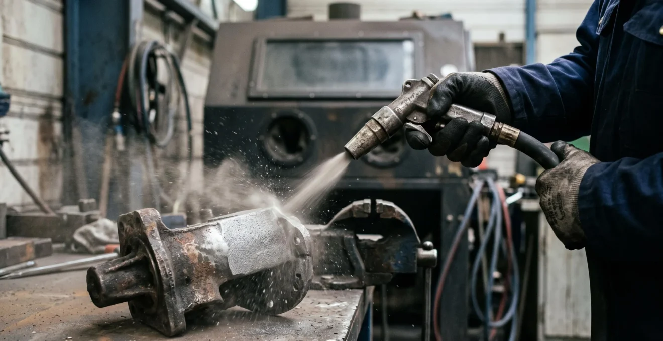 Mains gantées d'un opérateur dirigeant une buse de sablage sur une pièce métallique en atelier.