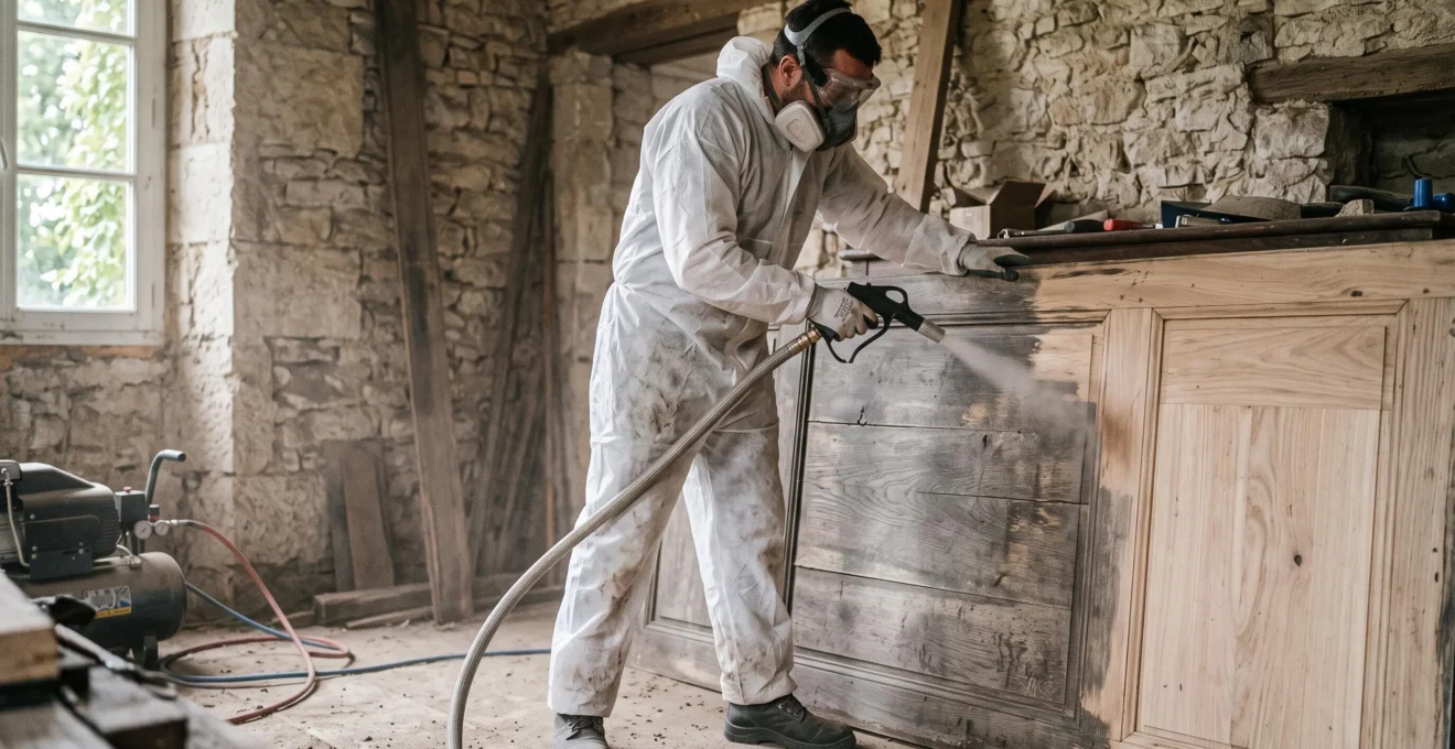 Un technicien effectue un décapage par aérogommage sur un panneau de bois ancien dans une maison en rénovation.